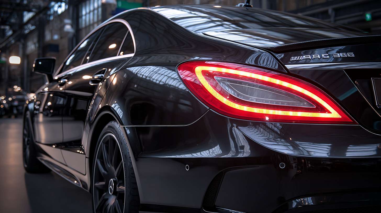 生成黑色车漆AMG CLS 63 S的震撼展厅主图，亮起尾灯 --ar 16:9 --v 7 --stylize 100 --fast --no 水印