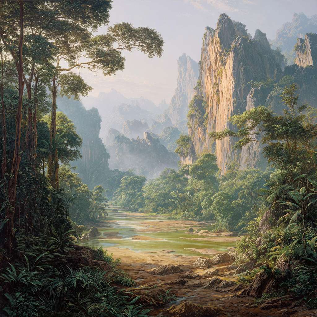 1. **时间与季节:** 画面呈现的是13万年前末次间冰期(Ipswichian Period)的岭南,一个温暖湿润的夏季清晨。空气中弥漫着水汽,远处山间有薄雾。
2. **地形地貌:**
* **远景:** 陡峭的喀斯特峰林地貌是主体,石灰岩山体被茂密的绿色植被覆盖,山形奇秀,类似今天的桂林阳朔,但更显原始、荒野。
* **中景:** 一条宽阔、水流湍急的大河(古西江或古北江)穿过山谷。河床较浅,露出部分沙洲和砾石滩,河水因富含泥沙而呈黄绿色。
* **近景:** 河岸是泥泞的滩涂,上面有各种动物的脚印。画面一侧是茂密的森林边缘,巨大的蕨类植物、藤蔓和树木根系盘根错节。
3. **植被生态:**
* 茂密的亚热带原始森林,树木种类繁多:高大的樟科植物、木兰科植物、常绿栎树以及一些原始的松柏类。
* 林下空间长满了巨大的蕨类植物(如桫椤)和多种灌木。
* 河岸两侧植被尤其茂盛。
4. **动物群落(核心亮点):**
* 河中央,一头巨大的**剑齿象(Stegodon)** 正在用长鼻吸水,它有一对长长且略微弯曲的象牙,体型比现代亚洲象更大。
* 河岸边,几只**中国貘(Tapirus sinensis)** 在泥地里觅食打滚,它们体型比现代貘更大。
* 远处的林间空地上,隐约可见一群**云南黑鹿(Rusa yunnanensis)** 在警觉地张望。
* 天空中有各种古老的鸟类飞过。
5. **气候与光线:**
* 天气温暖潮湿,阳光穿过晨雾形成丁达尔效应(耶稣光),照亮了河面和水汽。
* 整体色调是充满生机的绿色、泥土的褐色和水流的蓝绿色,色彩饱和度高,充满生命力。 --ar 1:1 --v 7 --stylize 100 --fast --no 水印
