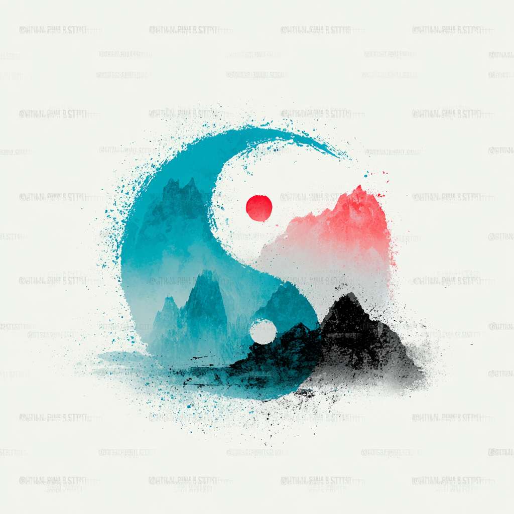 "Circular logo, a minimalist ink-wash Tai Chi symbol in cyan and black, surrounded by faint mountain silhouettes, red dot in Tai Chi center, white background, Chinese Zen style, clean and serene, no text, high resolution, vector style, no text, no watermark" --ar 1:1 --v 7 --stylize 100 --fast