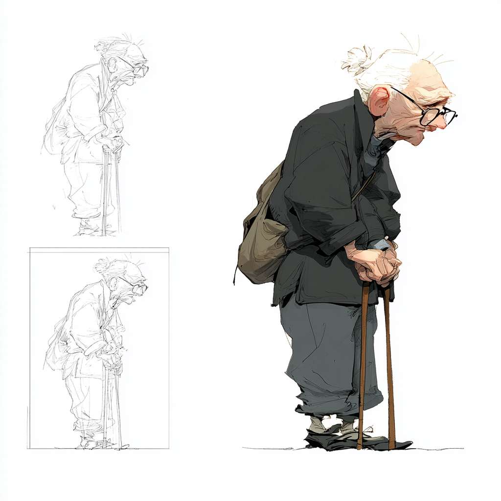 根据参考图，生成一位奶奶老人，矮个子，驼背严重，头花花白，身体佝偻着，简单线条风格，形式简单易懂，动画主体人物的形状，黑白，草图风，抽象，大师级风格，小胖子 --ar 1:1 --v 7 --stylize 100 --fast --no 水印