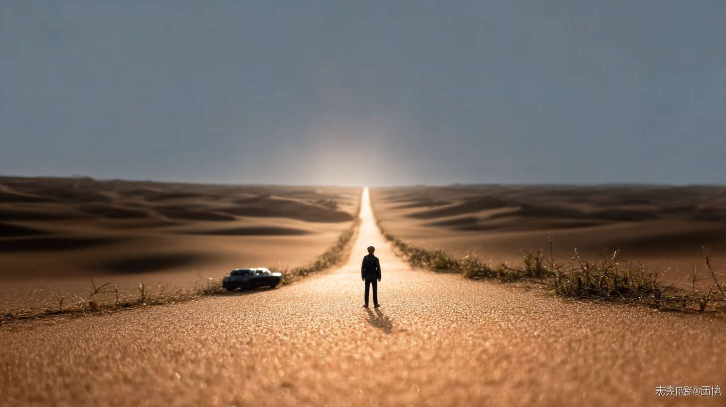 https://img-xpc-mj0.xpccdn.com/prod/upload/ba6e35cb-e159-489d-bd31-8ec7018d2fa0/BHFJIAJDEHHCE-W4qCTXWv3a.png~tplv-5yakomv5zn-auto-v1%3A1024%3A0%3Aq75.jpg 中间的小人不变，小人在看着屏幕，屏幕上整个场景全部变成黑色，是一条乡村小路，小路上只有一辆车在开着灯行驶，镜头是垂直向下拍摄 --ar 16:9 --v 7 --stylize 100 --fast --iw 1 --no 水印