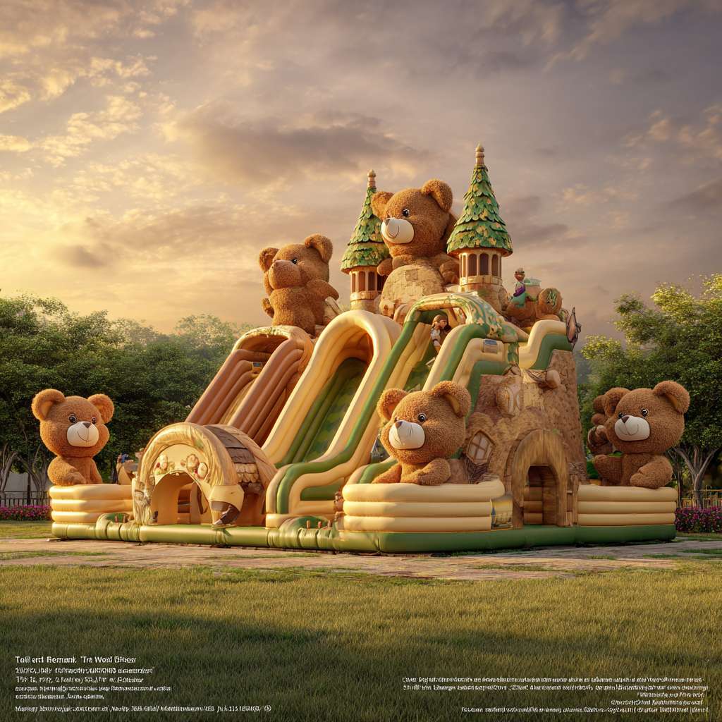 “Realistic large inflatable playground, teddy bear - themed with brown and green tones, featuring multiple teddy bear sculptures, slides, arch entrance, set on a grassy outdoor area. Warm sunlight creates a playful, family - friendly atmosphere, golden hour lighting, high detail” --ar 1:1 --v 7 --stylize 100 --fast