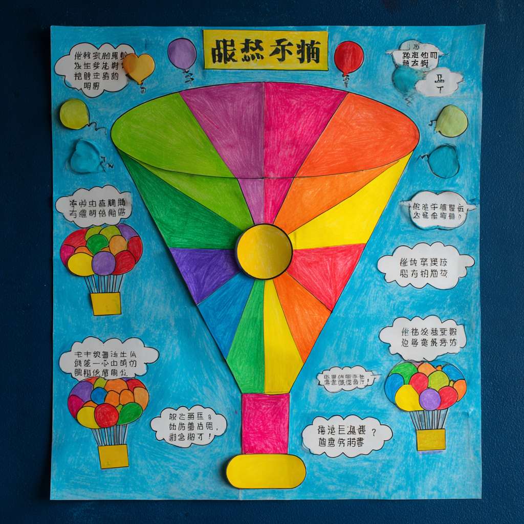 幼儿园大班布置推广普通话手抄报作业，如何构思一个画面鲜明、主题突出、以图为主的手抄报内容。
一、整体构图：一个大大的“喇叭”当主角
画一个几乎占满纸的彩虹色大喇叭（圆锥形+喇叭口），象征“把普通话传遍天下”。
喇叭口朝右上角，自然形成“对角线构图”，空白处正好放文字。
喇叭里“喷”出 4 个彩色气泡，每个气泡里画一幅小图，对应 4 句童谣。
二、4 句“一看就会读”的童谣（每句 5～7 个字，方便孩子描红）
把 4 句童谣分别写进 4 个气泡里，字大、描红、加拼音，老师家长一眼能读。
① 举起彩虹小喇叭
② 大家来说普通话
③ 字正腔圆顶呱呱
④ 祖国妈妈笑哈哈
三、配角让画面“活”起来
喇叭左下画 2 个小朋友，一个汉族、一个少数民族（加小辫子或特色服饰），一起张大嘴做“a—o—e”口型，体现“大家都说普通话”。
喇叭右下画一只卡通“话筒精灵”（给话筒画手脚、笑脸），手拿“五星小贴纸”，暗示“说得棒就奖励”。
背景用淡色中国地图剪影（或只画几座不同颜色的小房子），表示“普通话传四方”。
四、颜色搭配口诀
“喇叭彩虹色、人物原肤色、背景淡蓝绿”，保证主角色彩炸、背景不抢戏。
五、标题 
大家来说普通话
六、手工加分小技巧
喇叭口边缘贴一圈金色亮粉胶，太阳一照“闪”——抓眼球。
4 个气泡用泡沫胶垫高 3 mm，立体又好玩。
把童谣字做成小拉环，孩子能来回拉动，互动感满满。 --ar 1:1 --v 7 --stylize 100 --fast --no 水印