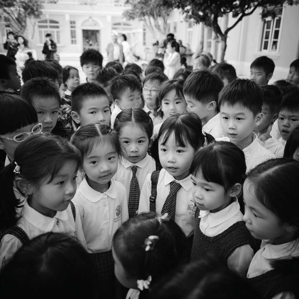 一班小六穿校服的學生們在校園裡圍成一個半圓形，以卡通的風格展示穿山甲、老虎、水獺、熊貓、飛鼠、龜等等的瀕危物種，讓學生們一起將積木併上瀕危動物圖案上 --ar 1:1 --v 7 --stylize 100 --fast --no 水印