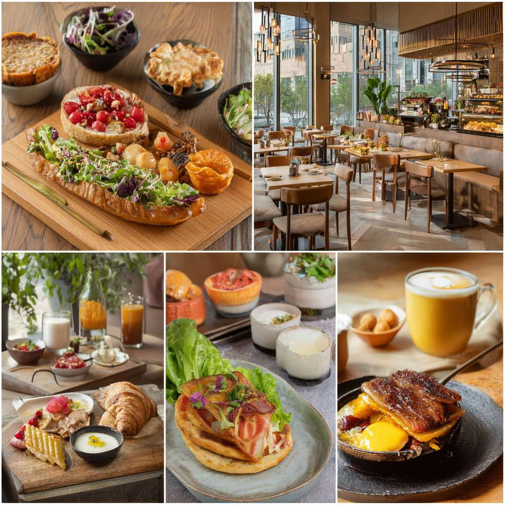 帮我做五张酒店餐厅早餐宣传照片 --ar 1:1 --v 7 --stylize 100 --fast --no 水印