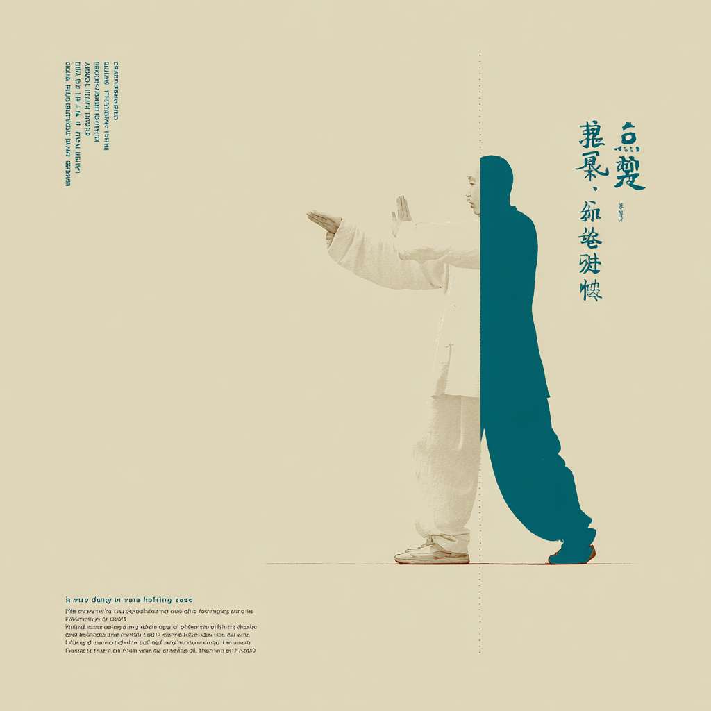 "Horizontal image, pure beige background, left side: white silhouette of a person doing Ba Duan Jin posture 'Holding the Sky', right side: vertical Chinese text '正念国学 · 养心之道' in dark cyan, small subtext below, minimalist Chinese style, 1200x600 pixels" --ar 1:1 --v 7 --stylize 100 --fast --no 水印