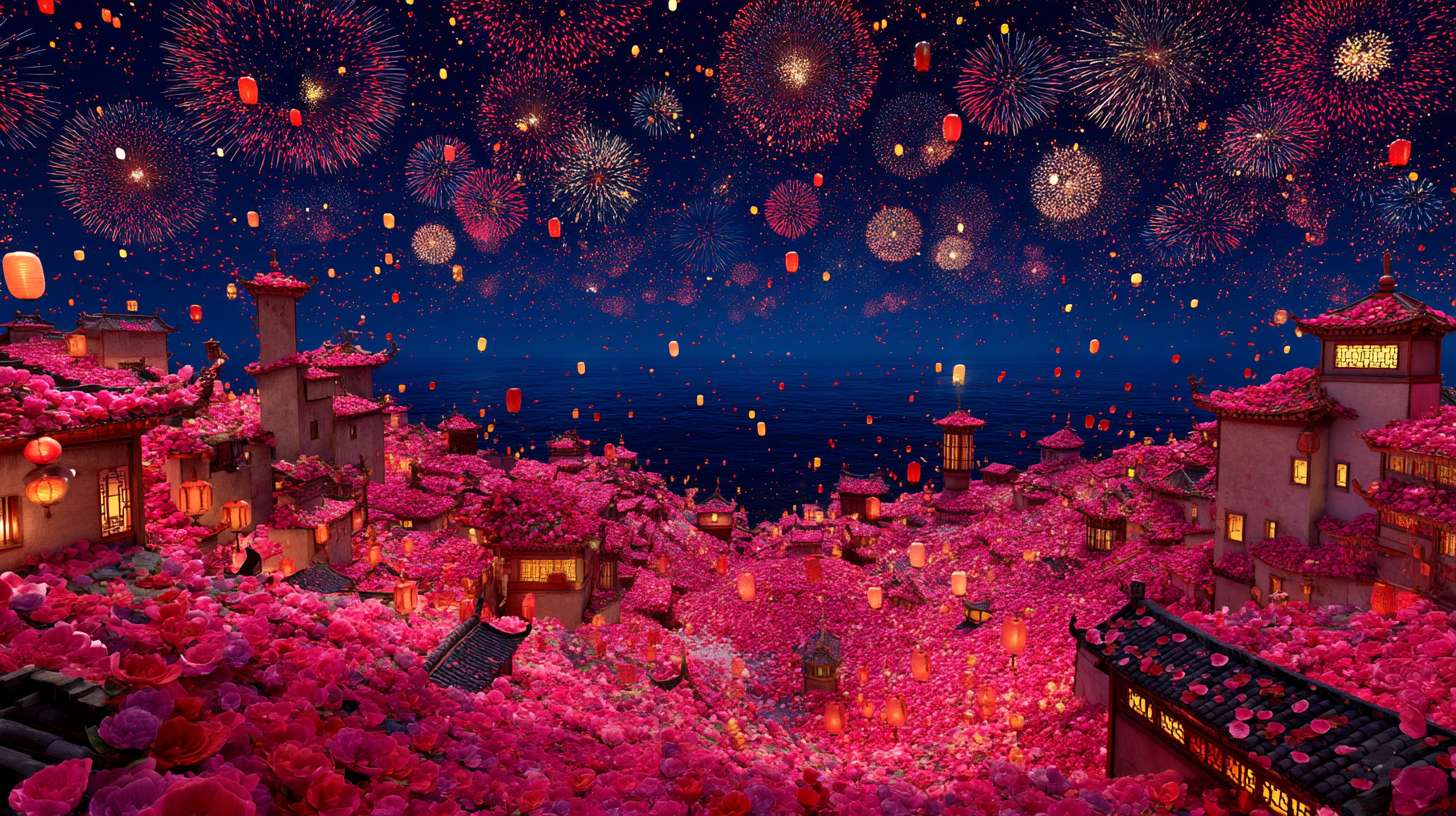 Unreal Engine 5 rendering, in this awe-inspiring scene of the ancient Luoyang Flower Festival, the composition centers on a vast sea of blooming peonies, surrounded by ancient-style pavilions, buildings, and winding corridors adorned with countless red lanterns, while the night sky is continuously lit up by colorful fireworks, the foreground features a celebrating crowd dressed in elegant Hanfu singing and dancing, the middle ground includes traditional Chinese architecture such as eaves-cornered pavilions, and the background blends deep blue starry skies with brilliant fireworks, in terms of color, vibrant reds, golds, and greens dominate, symbolizing luck and wealth, with the pink and white of the flowers sharply contrasting with the warm yellow of the lanterns, and the multicolored lights of the fireworks adding dynamic color variations, the lighting effects are exquisitely detailed, the soft glow from the lanterns casts warm shadows on people's faces and the ground, while the explosive flashes of fireworks create dazzling halos, contrasting with the cool moonlight to enhance the image's depth and dynamism, the entire scene is bustling and lively, with lanterns swaying gloriously, fireworks sparkling brilliantly, and the crowd cheering incessantly, as if transporting the viewer into a dreamlike ancient prosperous era filled with the charm of Chinese elements. --ar 16:9 --v 7 --c 20 --quality 4 --stylize 100 --fast