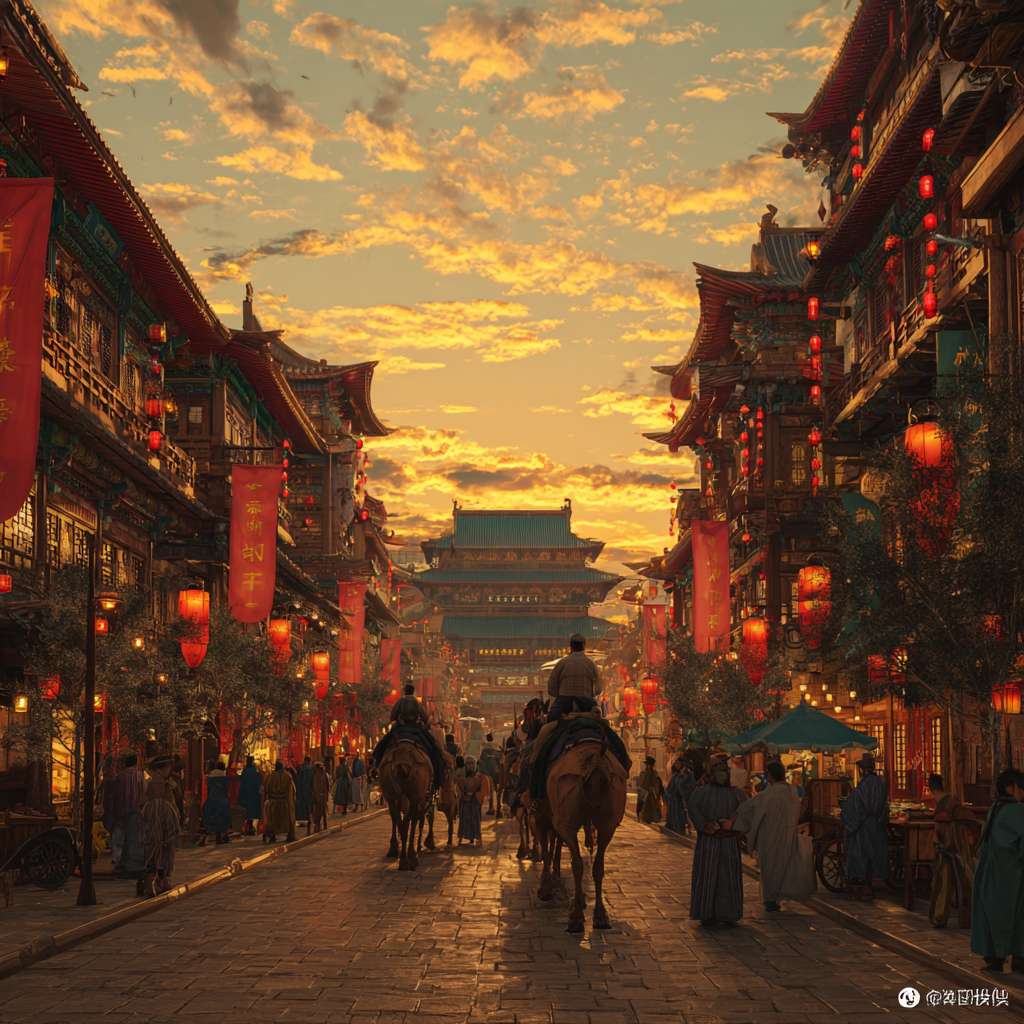 虚幻引擎5渲染,在这幅震撼人心的大唐盛世画卷中,构图以繁华的唐代长安城朱雀大街为核心视点,街道上车水马龙,熙熙攘攘的唐朝百姓与胡商穿梭往来,组成骆驼商队满载货物缓缓前行,两侧林立着朱红色木制建筑,飘扬的酒旗与商铺招牌交错生姿,屋檐下灯笼高挂,时值傍晚,天空渲染着暖金色的晚霞,与建筑的红墙碧瓦交相辉映,颜色以浓郁的金色与朱红色为主调,点缀着商队绸缎的翡翠绿与宝蓝色,灯笼透出暖黄光晕,整体色彩辉煌绚烂,光影效果极具层次,夕阳余晖为建筑披上金纱,灯笼光斑在青石板路上跃动,骆驼与行人投下细长剪影,商铺窗棂间透出温暖烛光,与暮色中的云霞融成一片流光溢彩,整条街道弥漫着人间烟火气,驼铃悠扬,人声鼎沸,完美再现万国来朝的盛唐气象。 --ar 1:1 --v 7 --stylize 100 --fast --no 水印