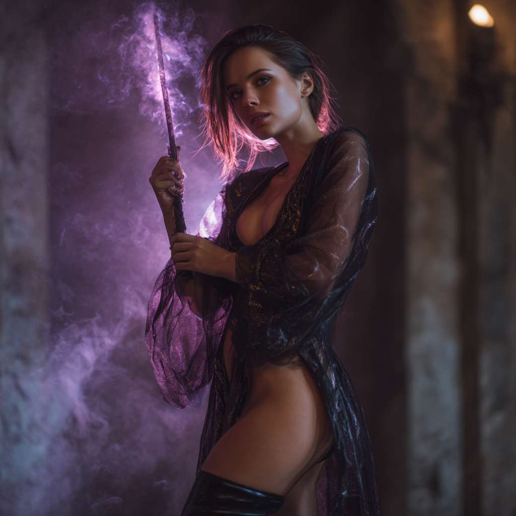 8K, high - definition photograph, cinematic - quality realistic style. A witch is in the mysterious and fantastic ruins of an ancient castle. The witch has a cunning and enchanting personality. She is tall with a pair of extremely attractive long legs, her legs are wrapped in black leather thigh - high boots, outlining smooth lines. Her face is delicate, with enchanting charm in her eyes and eyebrows, her lips are slightly raised, carrying a mysterious smile. She wears a black, sheer - textured vintage robe. The semi - transparent material faintly reveals her graceful figure, and the robe is inlaid with shimmering dark - gold magic patterns. She holds a gorgeous magic wand emitting a faint purple glow. The glow flickers in the ruins, and there is a light purple mysterious mist surrounding it, adding an enchanting atmosphere to the whole picture. The lighting and shadow effects are delicate and realistic, as if it were a real - life shot from a fantasy movie. --ar 1:1 --v 7 --stylize 100 --fast