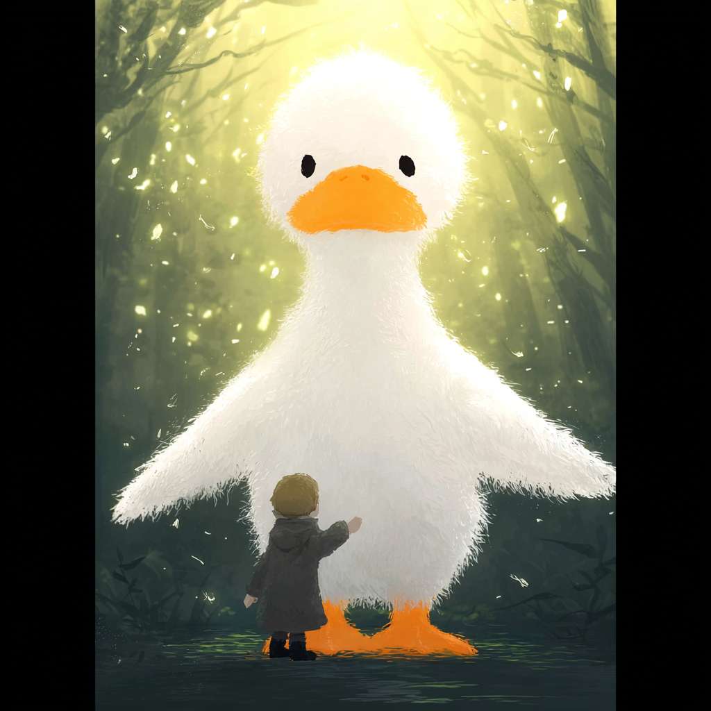 https://img-xpc-mj0.xpccdn.com/prod/upload/6142d541-9b9c-4c57-8e6b-ad78daa441dd/ME1753784848498.png~tplv-5yakomv5zn-auto-v1%3A1024%3A0%3Aq75.jpg 请使用插画风格。人和鹅的视角是远景。在森林深处有一只小白鹅和一个少年，他们高度差不多，面对面站着，小鹅伸出翅膀，少年伸出小手，翅膀和小手相碰。少年穿着全年的斗篷，斗篷的帽子很大，把脸都遮住了。森林上方打下一束柔和的光，光里漂浮着亮晶晶的孢子。 --ar 1:1 --v 7 --stylize 100 --fast --iw 1 --no 水印