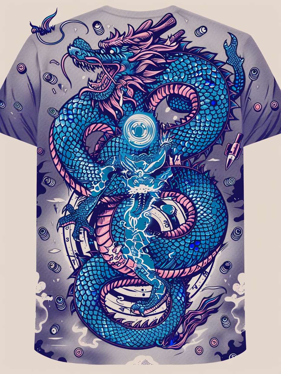`prompt
Full back T-shirt print, Thai snake king coiled around a shooting target, Chinese dragon breathing fire through IPSC paper poppers, dynamic bullet tracers in blue, tactical line art, screen printing friendly limited palette, 300dpi print ready --ar 3:4 --v 6 --stylize 100 --fast