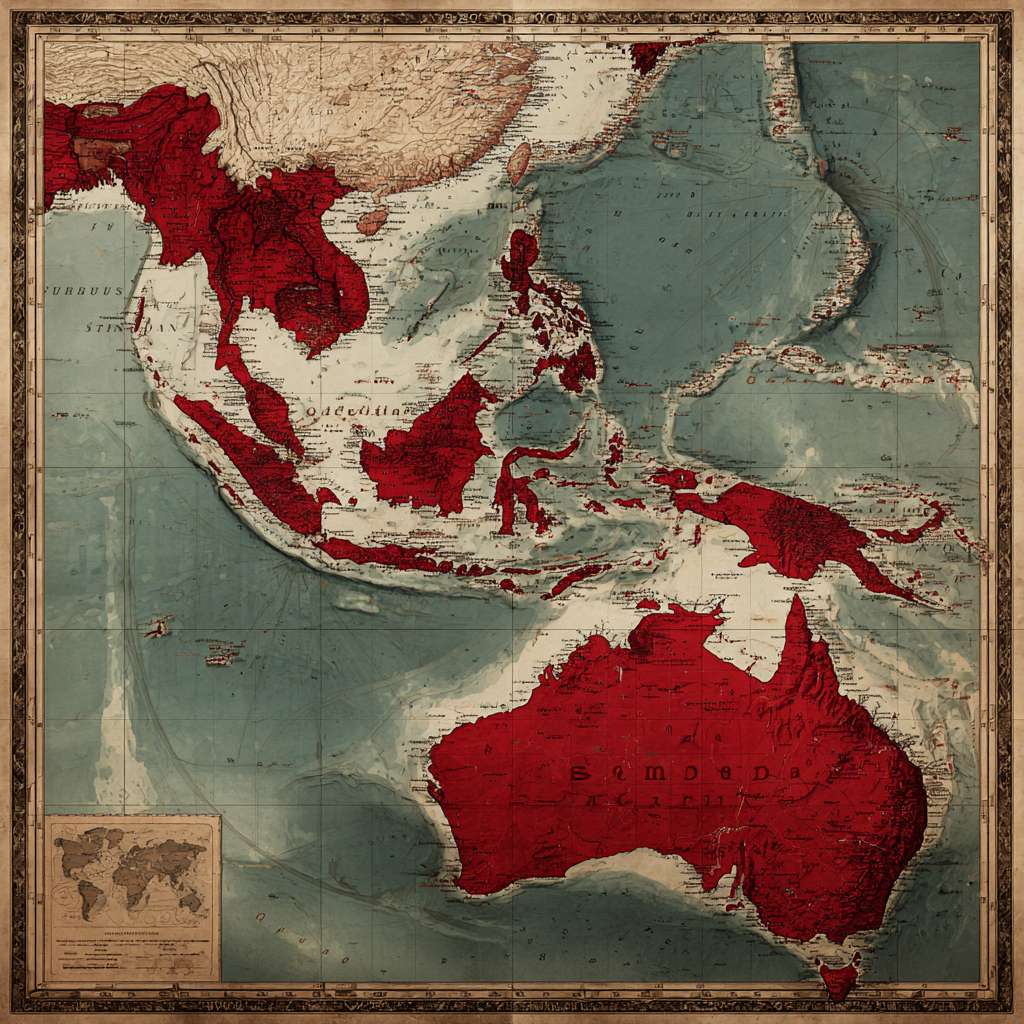 一幅专业地缘政治地图，维多利亚时期地图集风格，1948年。新明帝国领土用深红色标出：包括马来半岛、苏门答腊、爪哇、婆罗洲、苏拉威西及整个印度尼西亚群岛、澳大利亚、新西兰。其托管领土用浅红色标出：包括巴布亚新几内亚、所罗门群岛、瓦努阿图、斐济、萨摩亚。马六甲海峡和巽他海峡被突出显示。边界清晰，与蓝色海洋形成鲜明对比。（尽量不出现其他国家，浅色显示除此之外的地区） --ar 1:1 --v 7 --stylize 100 --fast --no 水印