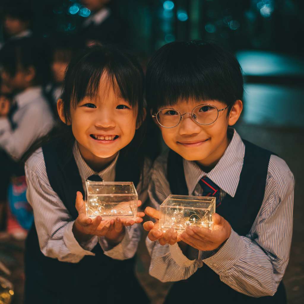 有2位穿著校服的華人小學生開心的表情雙手托起一個螢火蟲的正方體透明小盒子，盒子內的螢火蟲在發光 --ar 1:1 --v 7 --stylize 100 --fast --no 水印