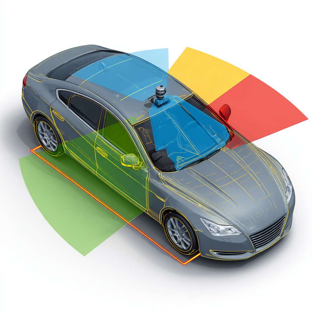 Top-down view of a car with four lidar sensors: one rotating cylinder on roof, two small cubes on front bumper and side mirrors, one on rear bumper. Show colored semi-transparent detection zones (blue 360° circle, green/yellow/red fan-shaped areas). Isometric technical illustration, clean lines, white background. --ar 1:1 --v 7 --stylize 100 --fast