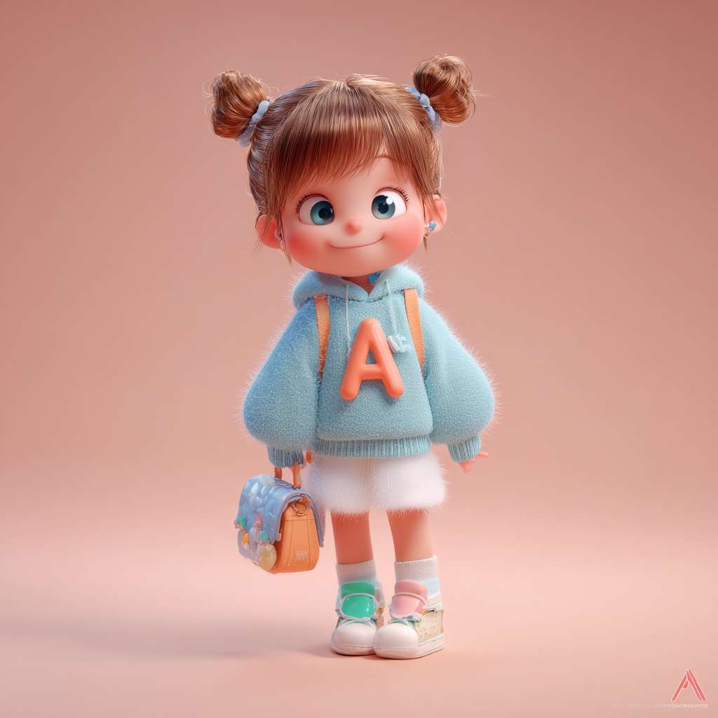 超精细3D渲染,Cinema 4D, Octane Render, 极致可爱灵动的小女孩IP形象,3-5岁, 圆润大头娃娃比例(2.8头身), 闪亮星星大眼睛, 蓬松柔软的棕色低双马尾, 苹果肌红晕, 温暖纯真微笑, 穿着淡蓝色连帽卫衣裙,蓬松裙摆,白色袖口领口滚边, 彩色小短靴, 背着迷你云朵造型双肩包, 发卡是闪亮的字母"A"形状, 小女孩走在回家的路上打招呼,整体马卡龙柔和色调, PBR材质: 细腻皮肤次表面散射,柔软棉布质感,光泽头发丝, 梦幻通透光影, 柔焦背景渐变, 极简抽象场景, 头上方留白再多一些,英语启蒙教育主题, 超高清细节, 8K分辨率 --ar 1:1 --v 7 --style raw --stylize 100 --fast --no realistic,photo,human proportions,scary,complex background,水印