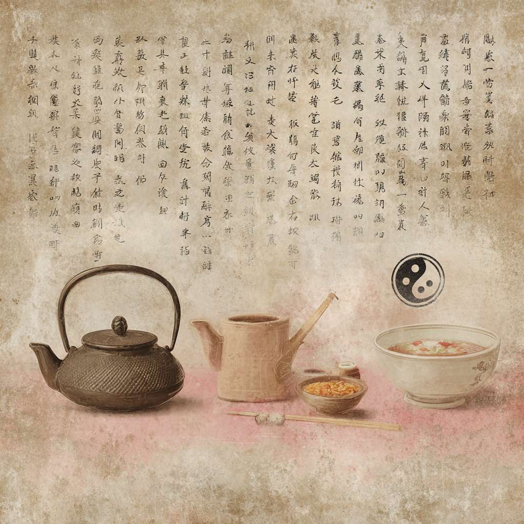 "Horizontal layout, faded ancient book texture as background, centered row of objects: teapot, ink brush, Tai Chi symbol, bowl of porridge, soft brown and pink tones, Chinese lifestyle, text '以古法,养今身' at bottom, 1200x600 pixels" --ar 1:1 --v 7 --stylize 100 --fast --no 水印