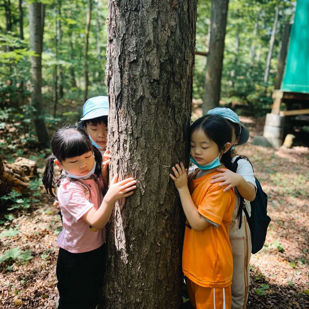 https://img-xpc-mj0.xpccdn.com/prod/upload/53afdc64-cd2c-4959-a03d-1d4265145417/%E5%BE%AE%E4%BF%A1%E5%9B%BE%E7%89%87_20251111164933_1442_207.png~tplv-5yakomv5zn-auto-v1%3A1024%3A0%3Aq75.jpg 三位大約十至十一歲的小學生圍繞著一棵大樹，雙手輕觸樹幹，閉上眼睛感受大自然的氣息。陽光穿過樹葉灑下，光線柔和自然，背景是森林或公園環境，氣氛平靜、溫暖、真實。真實攝影風格，運動服整潔，構圖自然 --ar 1:1 --v 7 --stylize 100 --fast --iw 1 --no 水印
