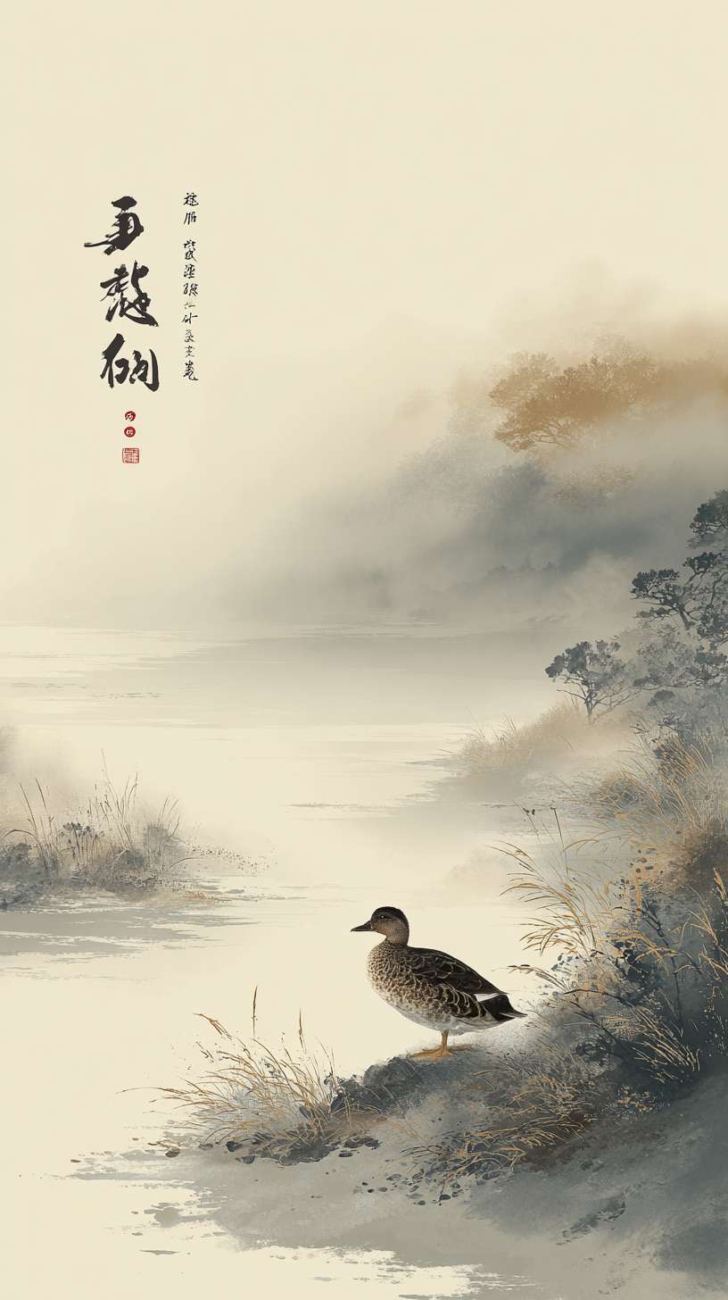 主体用 30° 斜角微距呈现半枚海鸭蛋，青灰渐变蛋壳带细小结晶体光泽，营造潮汐冲刷的天然肌理；
背景以晨雾为底，缀淡金霞光、潮汐波纹与叶片剪影，强化朦胧意境；
采用 4:5 画幅不对称构图，左侧留白更多，文字以压纹工艺隐于画面，通过 “隐而未显” 的细节传递自然生长的高级感。 --ar 9:16 --v 7 --stylize 100 --fast --no 水印