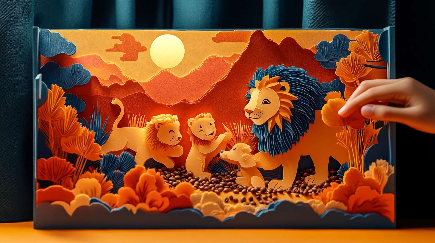Paper cut art of lion family playing with coffee beans, vibrant Dunhuang cave colors (ocher orange, lapis lazuli blue), packaging unfolds into 3D diorama of savanna sunrise, movable parts showing tail wagging when pulled, child's hand interacting with package, warm lighting --ar 16:9 --v 6.1 --style raw --stylize 100 --fast