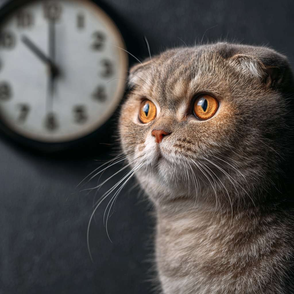 一只布偶猫，眼神呆滞地望着墙上的时钟，时钟指向5点，照片级真实感，4k，细节生动，滑稽可爱 --ar 1:1 --v 7 --stylize 100 --fast --no 水印