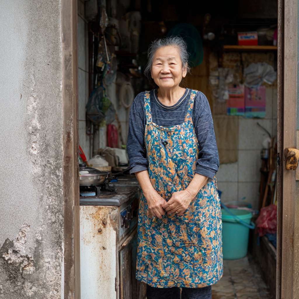 奶奶系着围裙从屋里走出，脸上是慈祥的笑容，在围裙上擦了擦手，向多多走去 --ar 1:1 --v 7 --stylize 100 --fast --no 水印