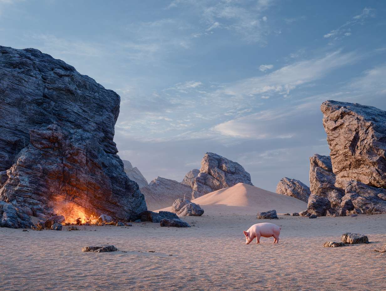 Photorealistic cinematic image，A pale pink pig in the middle of an extreme desert landscape with giant black rocks and orange pillows. There is fire on top of one rock, giving off warm light. The sky has a blue color. In front of it there's a large sand dune, film grain, hyper realistic photography, natural lighting, highly detailed photo. --ar 4:3 --v 7 --style raw --stylize 100 --fast