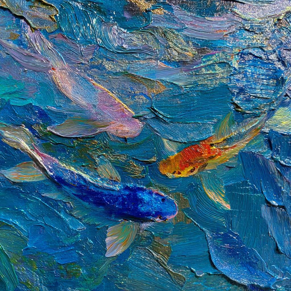 Surreal koi in blue aquatic world, 五彩光影 refracting through water, thick impasto for waves, thin lines for fish contours, oil. --ar 1:1 --v 7 --stylize 100 --fast --no 水印