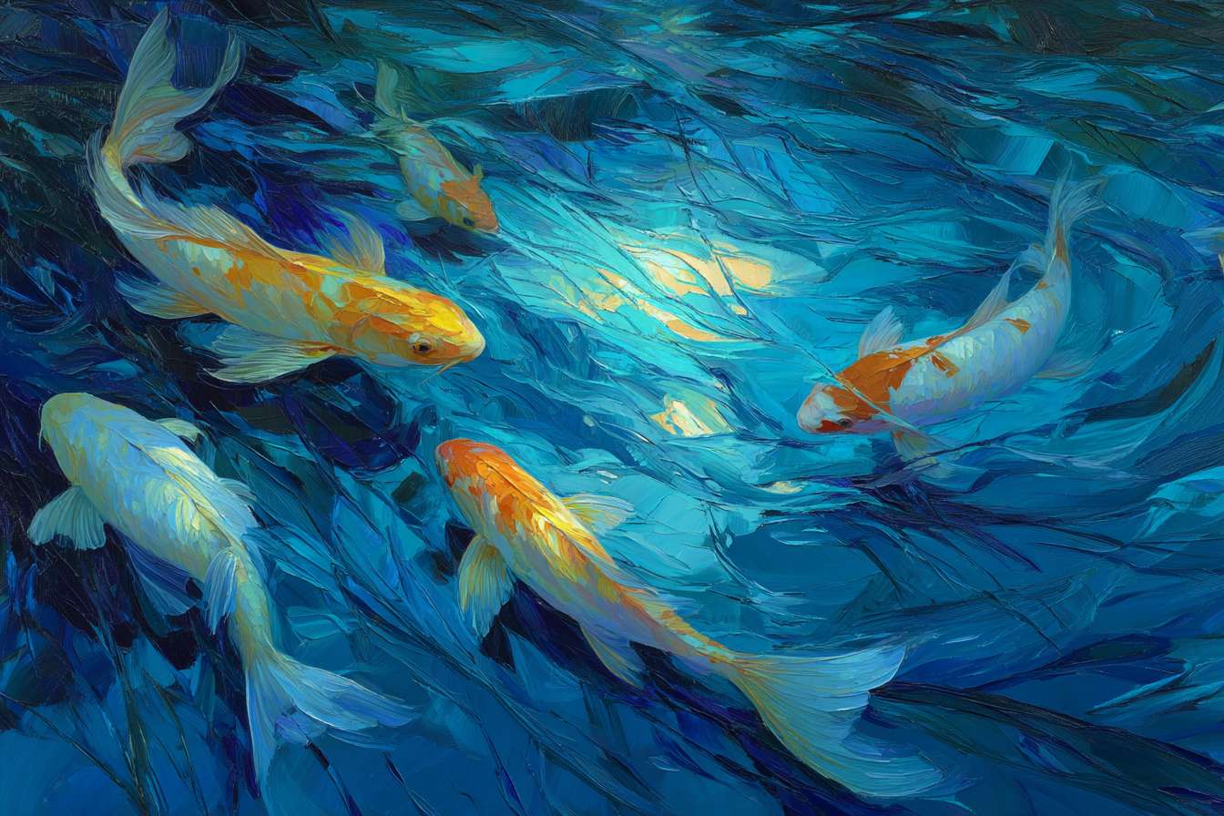 Dreamlike blue water with fractured light and gliding koi, expressive brushwork capturing light and flow, oil. --ar 3:2 --v 7 --stylize 100 --fast