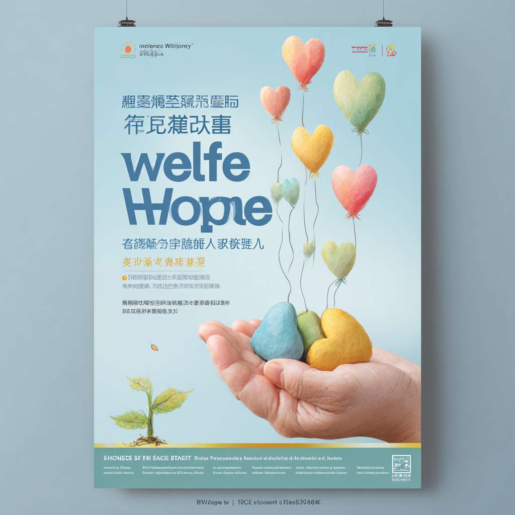“Chinese welfare lottery poster, A4 vertical, picture-book watercolor style, soft pastel blue #B3E5FC to white gradient background, big gentle hand in center holding 7 small heart-shaped seeds in rainbow colors, seeds flying up and forming a light rainbow arc overhead, 7 sunshine rays in childlike crayon yellow #FFEC3D from top, tiny white text on rays: pension, disability, orphan, poverty, medical, education, eco, bottom green sprout line with 5 simple icons, main title ‘每注善举,都是希望的阳光’ in bold dark blue #1A237E with soft yellow shadow, subtitle below, high-res 300 dpi, bright and hopeful, no money symbols” --ar 1:1 --v 7 --stylize 100 --fast --no 水印