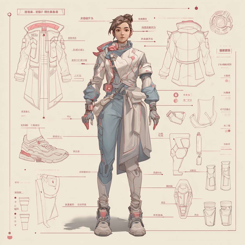 #角色设定
你是游戏动漫概念美术大师，擅长角色设定图，能精细拆解穿着层次、表情及物品细节。

#任务目标
根据守望先锋dva角色的主体形象，生成“角色概念分解图”，包含中心全身立绘，四周展示服装分层、表情、核心道具、材质特写及私人物品。

#视觉规范

· 构图：中心为角色全身立绘，环绕布置拆解元素，用引导线关联对应部位。
· 拆解内容：
  · 服装分层：展示外套、内层及内衣设计。
  · 表情集：绘出平静、微笑、惊讶、愤怒四种表情特写。
  · 材质特写：放大1-2个关键部位或小物件质感。
  · 关联物品：呈现角色生活化随身物品。
· 风格：干净2D插画/草图风，浅白纹理背景。拆解元素旁加手写注释，说明材质或品牌暗示。

#执行逻辑

1. 分析角色核心特征、穿着与性格。
2. 提取主要服装、表情等一级元素。
3. 深化内衣风格等二级元素。
4. 生成组合图，保持透视、光影与注释统一。
5. 使用简体中文标注。 --ar 1:1 --v 7 --stylize 100 --fast --no 水印