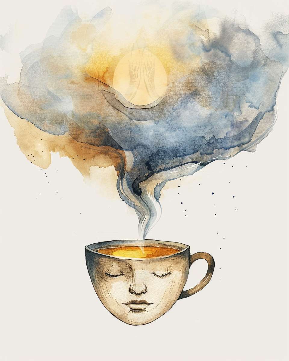 A teacup with steam forming a mindfulness symbol above it, the liquid surface reflecting a calm face, soft watercolor style, no text --ar 4:5 --v 6 --stylize 100 --fast