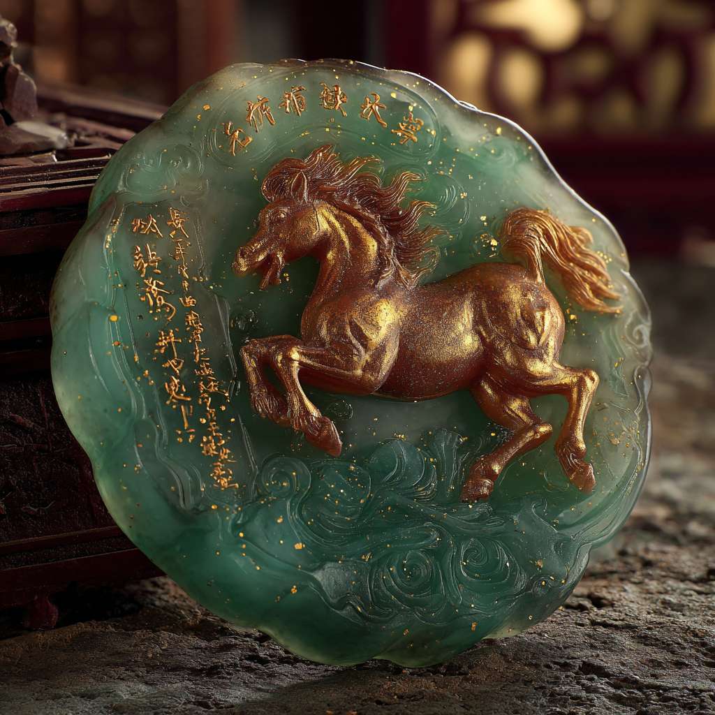 1. **主体造型**：圆形玉质徽章，直径约5cm，边缘有青铜镶边  
2. **核心图案**：中央浮雕一匹奔腾的骏马（参考汉代马踏飞燕的动感姿态）  
3. **材质质感**：  
   - 基底：翡翠绿色半透明玉石  
   - 镶边：古铜色金属，带有青铜锈迹  
   - 符文：金色能量线条在玉石内部流动  
4. **特效光效**：  
   - 马眼散发金色微光  
   - 符咒边缘有星尘般的光点飘散  
5. **背景建议**：  
   - 深色石质纹理（如古代祭坛）  
   - 底部飘散着青色灵气薄雾 --ar 1:1 --v 7 --stylize 100 --fast --no 水印