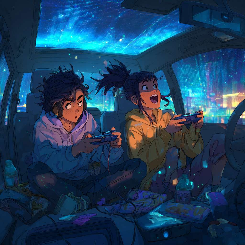 环境:夜晚的车内空间,天窗/顶棚变为悬浮的透明OLED屏幕,散发着幽蓝的科技光晕
人物:
左侧穿连帽卫衣的卷发少年,紧张地咬着下唇猛按手柄
右侧扎高马尾的少女突然高举游戏手柄欢呼,橙红发丝掠过邻座脸颊
细节:
顶棚屏幕显示着像素风游戏《星海巡航者》的BOSS战画面
前后座椅间隙散落着彩虹糖包装纸和发光数据线
车窗映出远处城市霓虹,与车内27个浮动在空中的游戏成就光标形成双重星空
氛围:手柄按键泛起涟漪状光波,车载香薰吐出全息粒子,整个空间如同沉浸式游戏舱 --ar 1:1 --v 7 --stylize 100 --fast --no 水印