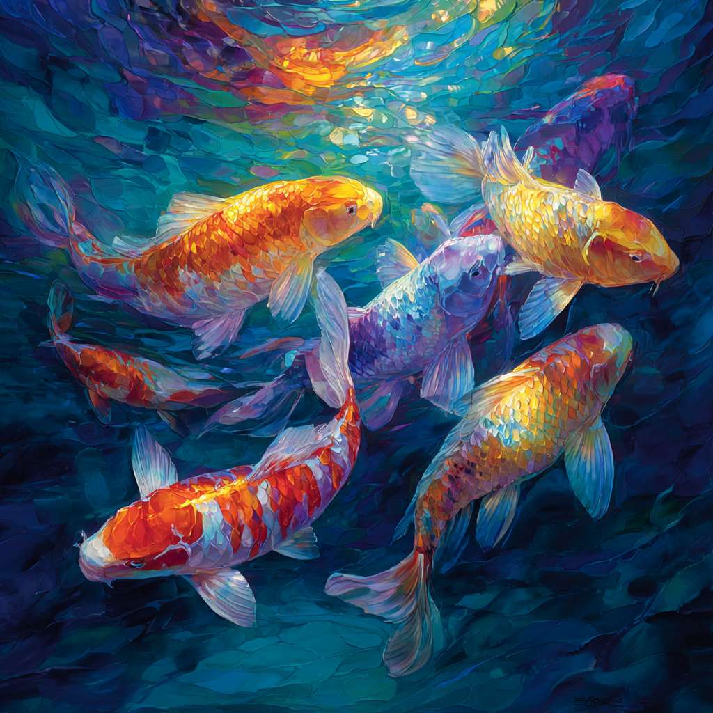 Vibrant underwater fantasy: deep blue sea interlaced with colorful light, koi in dynamic poses, 粗笔触 for water, 细笔触 for iridescence, abstract oil. --ar 1:1 --v 7 --stylize 100 --fast --no 水印