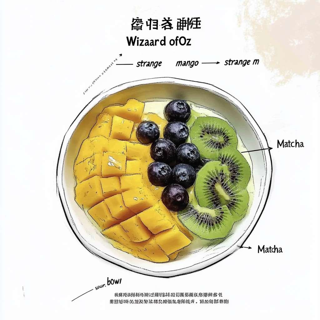 https://img-xpc-mj0.xpccdn.com/prod/upload/5cf47b53-138c-4d0d-8f51-048821aa44dc/%E5%9B%BE1.jpg~tplv-5yakomv5zn-auto-v1%3A1024%3A0%3Aq75.jpg https://img-xpc-mj0.xpccdn.com/prod/upload/6276ba63-7ec8-41dd-9b7e-70d1305d63df/%E7%B4%A0%E6%9D%90.jpg~tplv-5yakomv5zn-auto-v1%3A1024%3A0%3Aq75.jpg 图1是模板，图2是素材，用图2的素材生成类似图1的图片，这是一个酸奶碗的介绍，上方如图1一样写”GU YOGURT”，换行“绿野仙踪”；图中黄色的部分是芒果，右下绿色是奇异果，中间的黑点是蓝莓，把他们像图1一样用艺术箭头标注出中文，并在下面添加一个长横线，下面用中文写上“奇异芒果抹茶希腊酸碗”，图片是水彩写实效果 --ar 1:1 --v 6.1 --stylize 100 --fast --iw 1