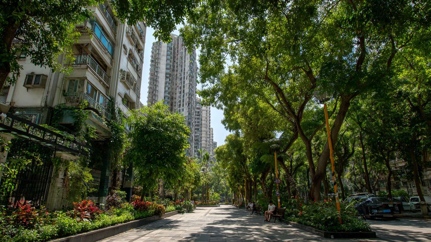 画面是充满生机的城市绿化景观：郁郁葱葱的行道树、小区内的绿荫、市民在树下休憩。 --ar 16:9 --v 7 --stylize 100 --fast --no 水印