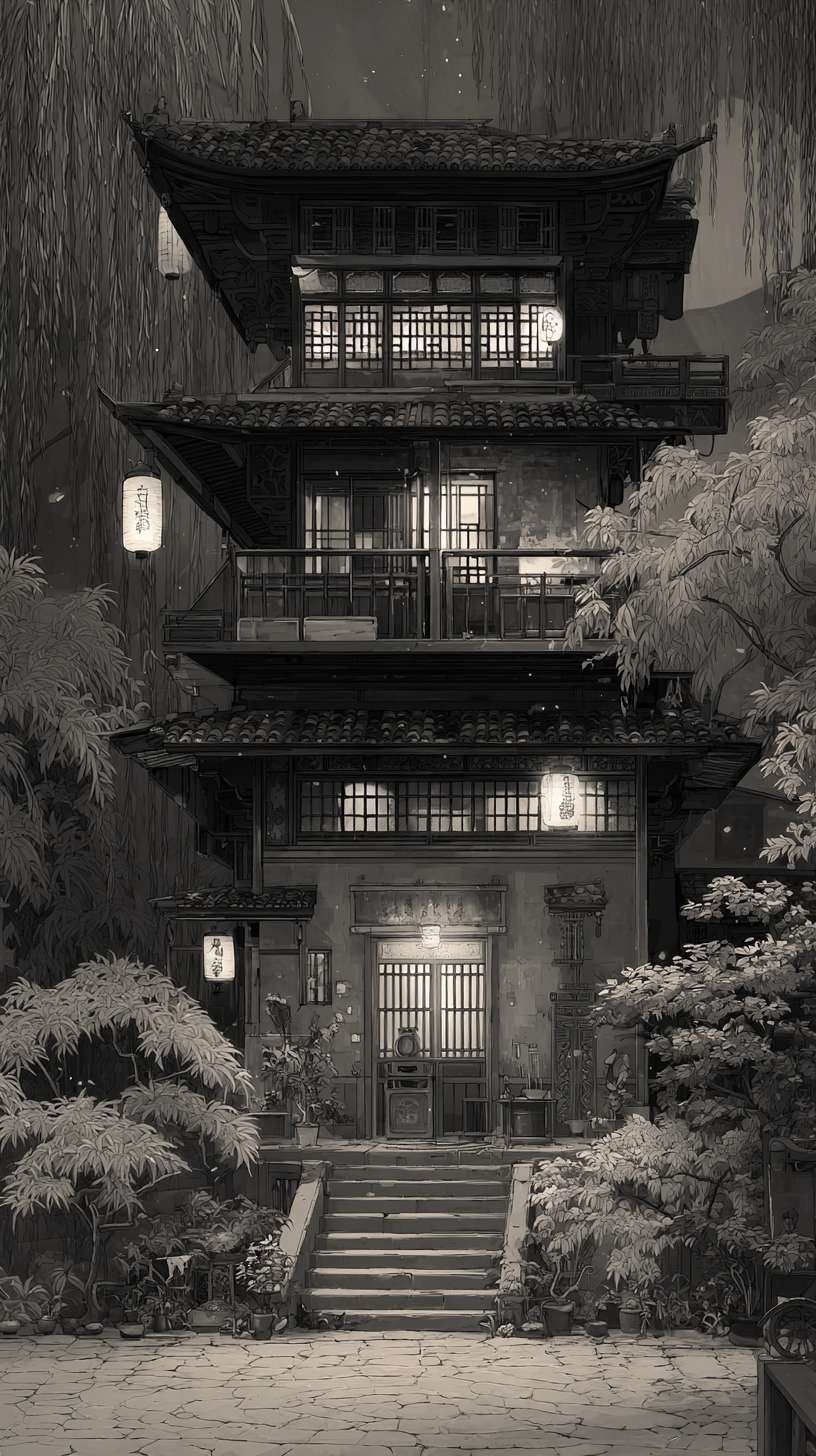 给我一张客栈，黑白水墨风，游戏背景，不需要文字 --ar 9:16 --v 7 --stylize 100 --fast --no 水印