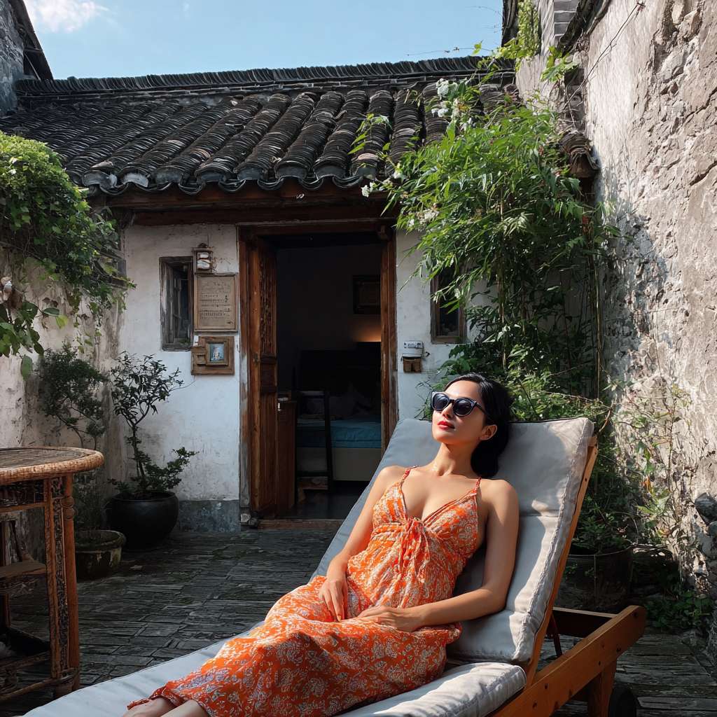 在一个白墙灰瓦的大理小院子里，一个美女在躺椅上悠闲的躺着晒太阳，院子里开满了画 --ar 1:1 --v 7 --stylize 100 --fast --no 水印