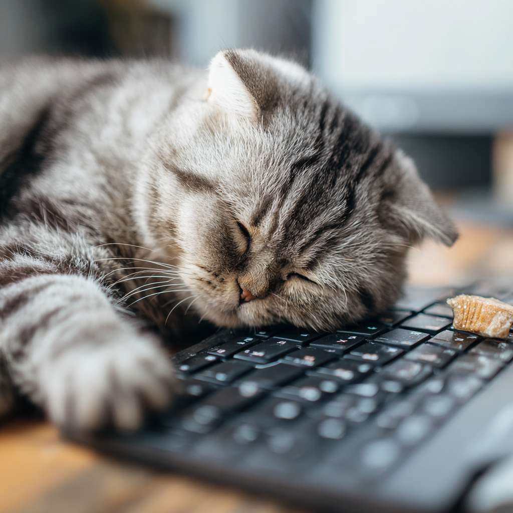 一只美国短毛猫，瘫在电脑键盘上，屏幕上是“周末勿扰”的图案，旁边放着零食，照片级真实感，4k，超详细，搞笑风格 --ar 1:1 --v 7 --stylize 100 --fast --no 水印