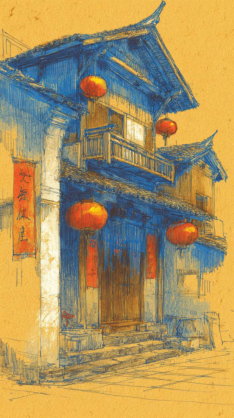 客栈-水墨风
构图：竖版近景，主体为两层木质客栈（临街门面），右侧屋檐延伸至画面外核心元素：- 客栈：斗拱结构（细墨线条）、木质门板（淡墨纹理）- 装饰：红色灯笼（3-4 个，挂于屋檐下）、酒旗（“XX 客栈” 毛笔字）- 地面：青石板路（淡墨横线条）
主色调：黄褐色（R160-180, G140-160, B110-130）辅助色：- 灯笼：朱红色（R180-200, G60-80, B60-80，饱和度≤60%）- 酒旗：米黄色（R190-200, G170-180, B140-150）统一适配：黄褐色明度与新手村灰蓝色保持一致，避免过暖刺眼
1. 客栈木质纹理笔触与武馆木人桩纹理一致2. 灯笼轮廓线条粗细与兵器架兵器线条一致3. 屋檐斗拱结构比例与新手村茅屋屋檐比例统一 --ar 9:16 --v 7 --stylize 100 --fast --no 水印