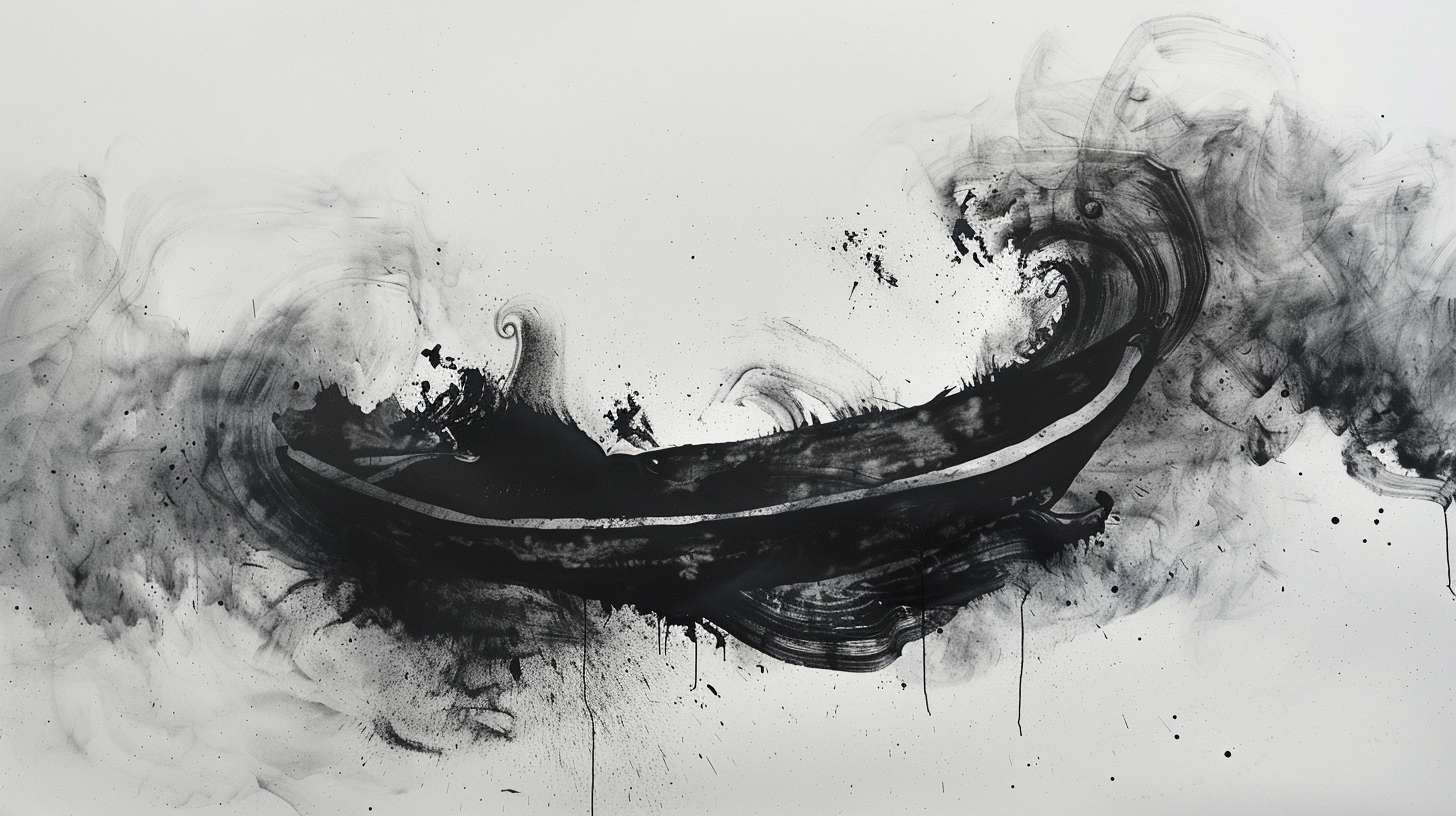 Abstract ink wash showing boat shape formed by negative space, swirling mist creates yin-yang illusion, no text, monochrome --ar 16:9 --v 6 --stylize 100 --fast