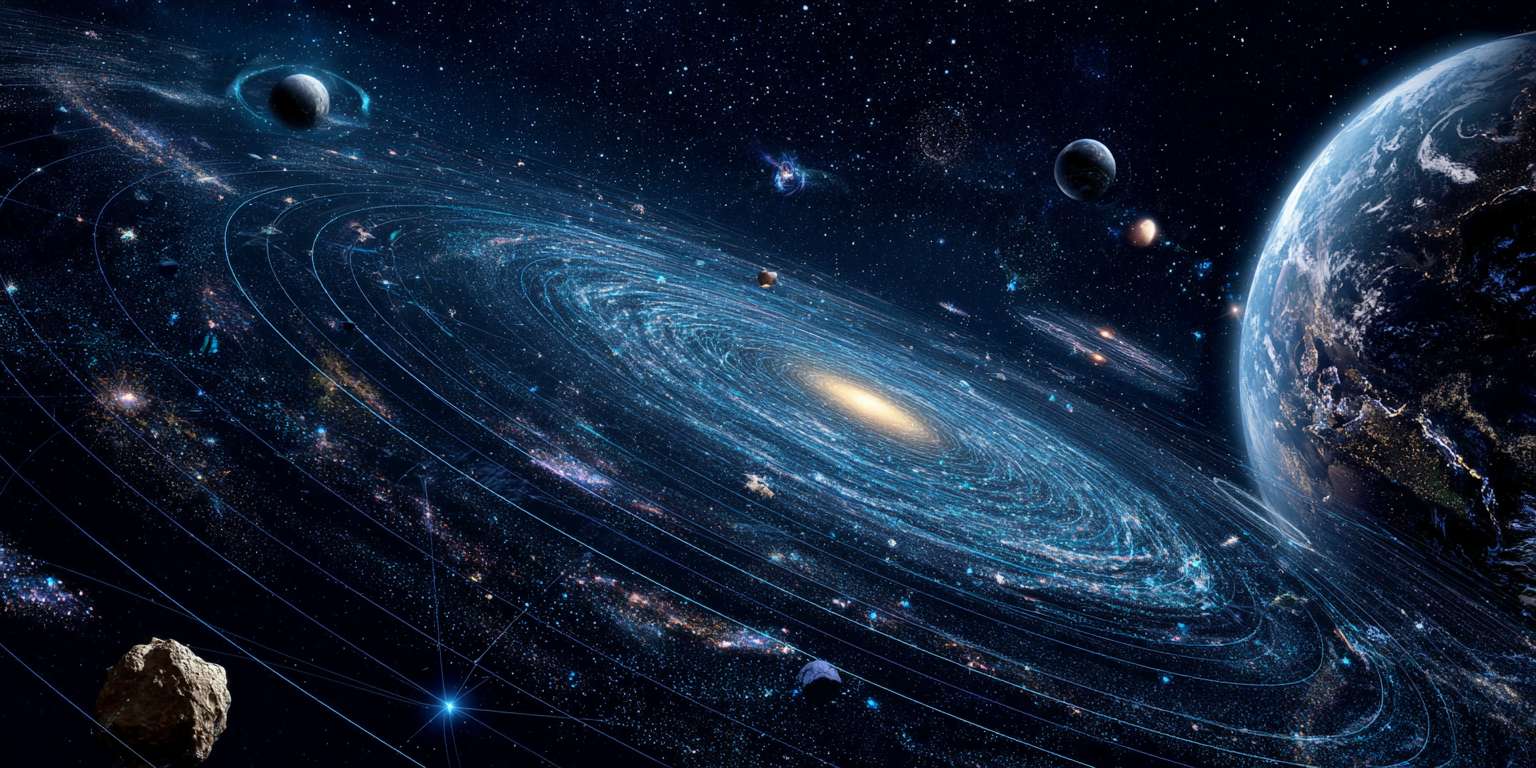 在浩瀚宇宙中有黑洞，星宇，各种星系天体，在这个画面中地球是最进的画面，显得非常科技风，地球外卖呢环绕好多物联网科技风虚线路 --ar 2:1 --v 7 --stylize 100 --fast --no 水印
