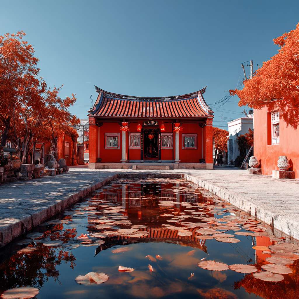 庙宇别太高，厦门古厝红屋顶，路边景观再漂亮一点，增加些莲花灯 --ar 1:1 --v 7 --stylize 100 --fast --no 水印