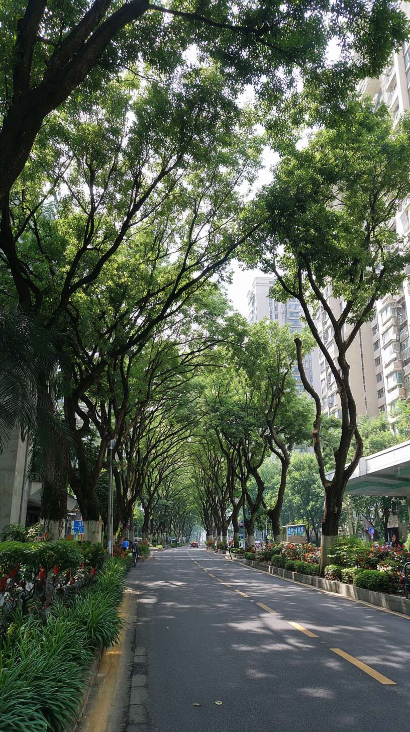 画面是充满生机的城市绿化景观：郁郁葱葱的行道树、小区内的绿荫、市民在树下休憩。 --ar 9:16 --v 7 --stylize 100 --fast --no 水印