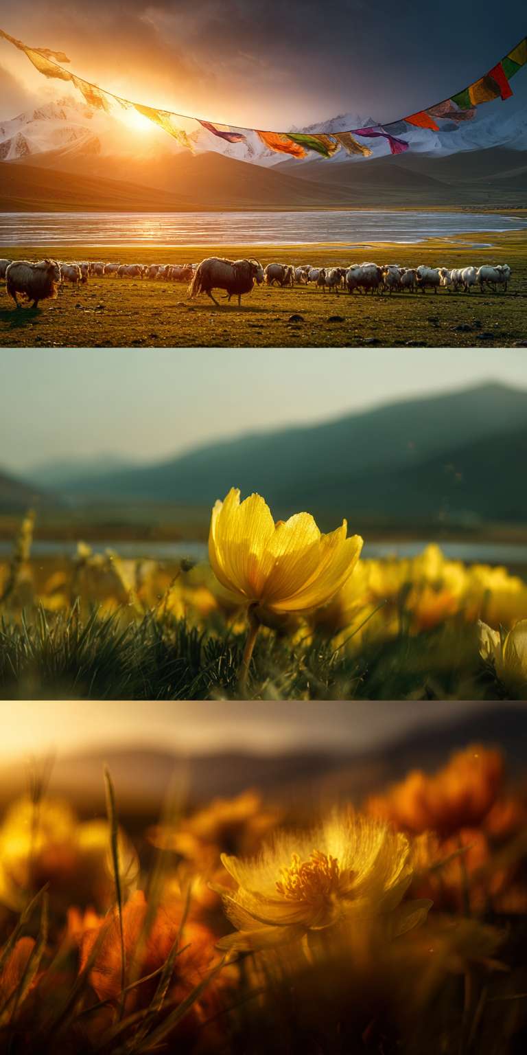 壮阔高原日出：从高原上的格桑花特写推进，朝阳的金光在花瓣上形成的光泽逐步清晰，风吹花瓣时的动态被精准捕捉；骤然垂直拉升，展现高原的辽阔全景，碧绿的草原与远处的雪山、橙红朝霞构成壮阔画面，牦牛群在草原上吃草的身影形成动态点缀；向左侧平移镜头，聚焦高原上的经幡，捕捉朝阳下的经幡色彩与飘动的姿态；环绕拍摄高原上的湖泊，记录湖水倒映的雪山与朝霞，湖面上的水鸟游动形成动态元素；最后向下俯冲至草原的土壤，拍摄草籽与昆虫的动态，全程强调自然光下的细腻质感，加入胶片颗粒强化高原日出的神圣与壮阔。 --ar 1:2 --v 7 --stylize 100 --fast --no 水印