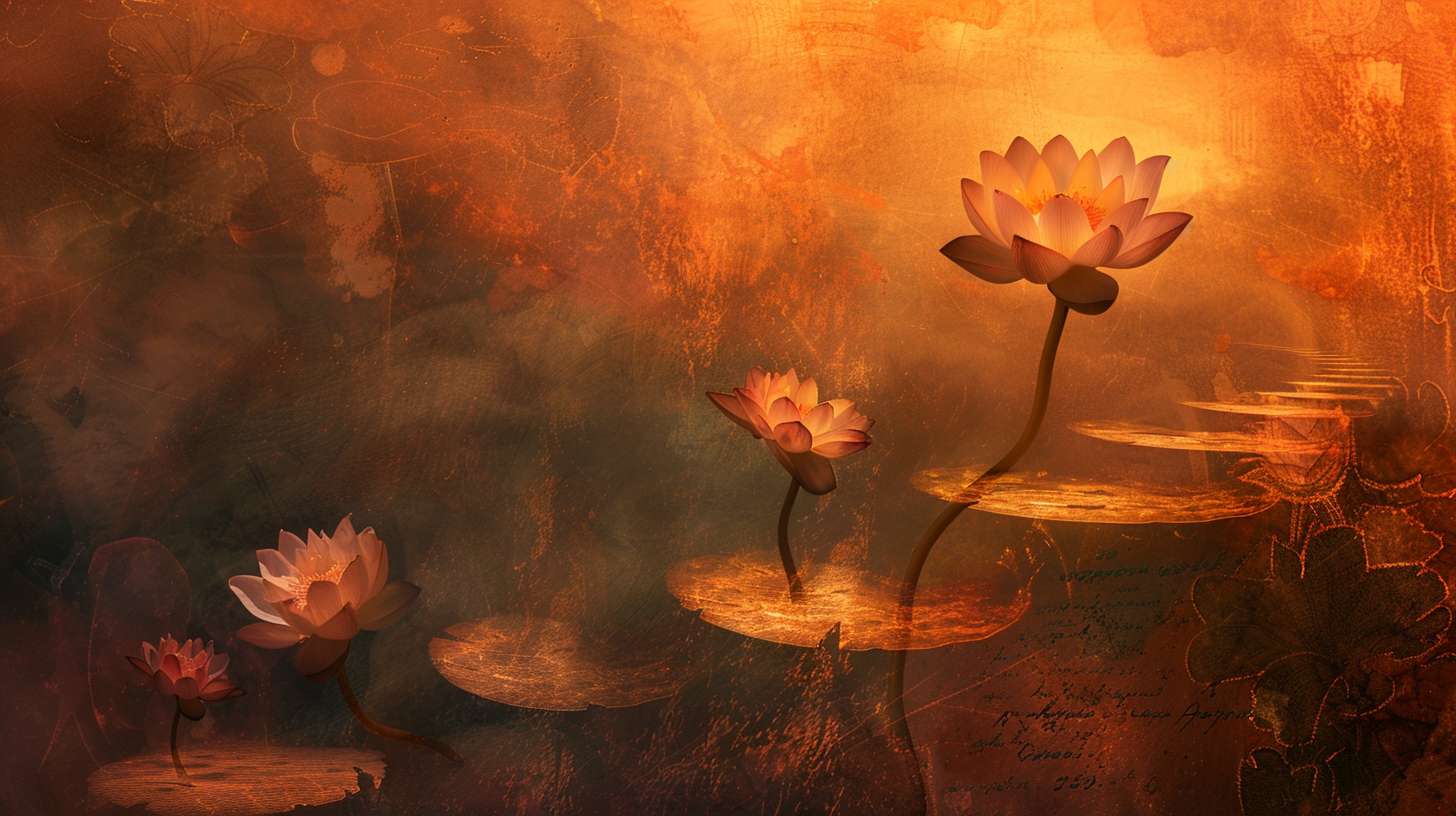 A path unfolding like a scroll in mid-air, each step blooming with lotus flowers, semi-transparent parchment texture showing calligraphy strokes, warm amber lighting, fusion of Eastern philosophy and modern minimalism --ar 16:9 --v 6 --stylize 100 --fast