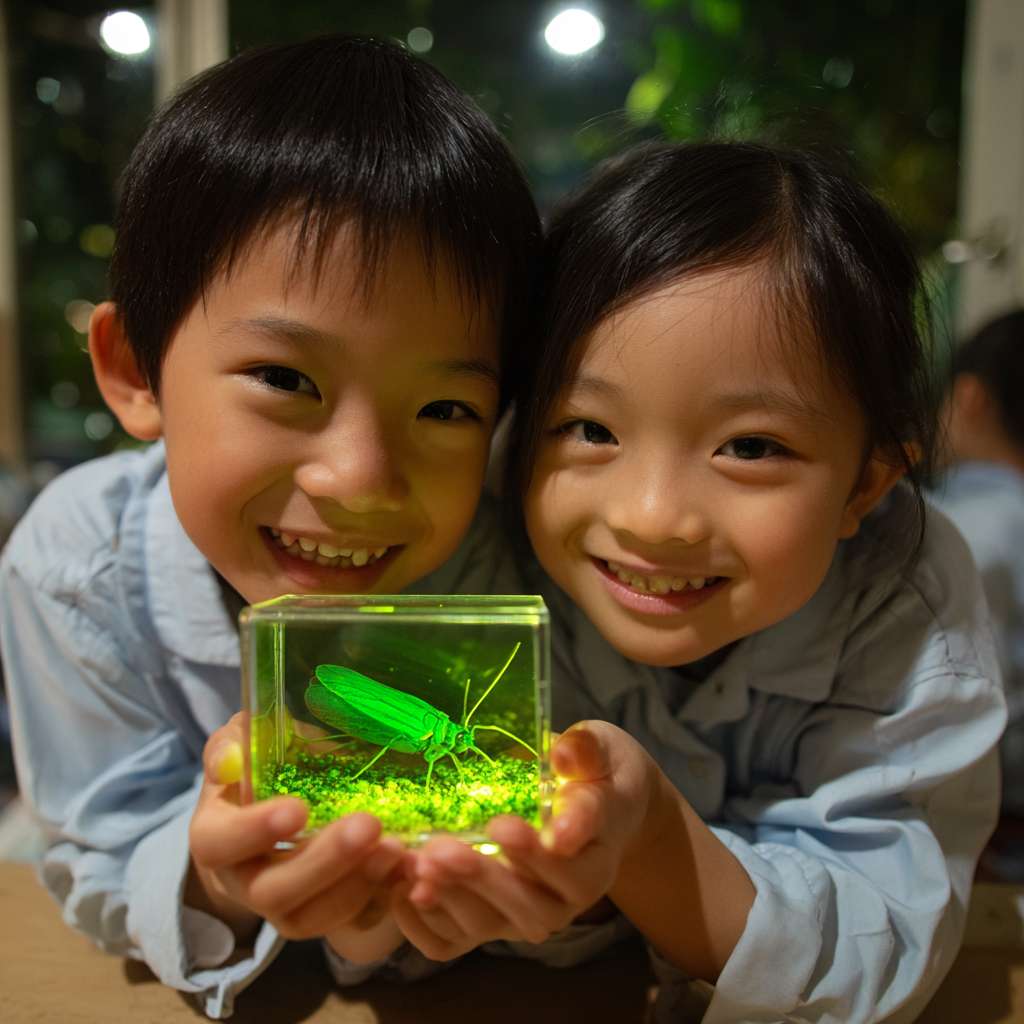 有2位穿著校服的華人小學生開心的表情雙手托起一個螢火蟲的正方體透明小盒子，盒子內的螢火蟲在青苔上發光 --ar 1:1 --v 7 --stylize 100 --fast --no 水印