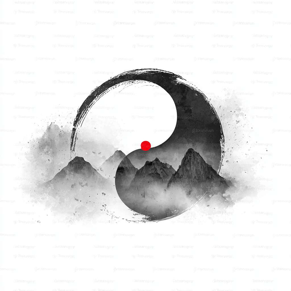 "Circular logo, Chinese ink-wash Tai Chi symbol in black and white, surrounded by faint misty mountain silhouettes, a single red dot in the center, pure white background, Zen style, minimalistic, no text, no watermark, high resolution, vector art" --ar 1:1 --v 7 --stylize 100 --fast
