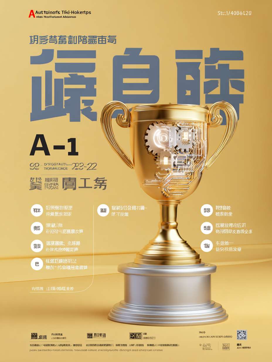 企业科技活动海报,超高质量,8K分辨率,大师级设计,信息可视化。
**核心主题**:标题“模型擂台赛”和副标题“8.22正式启动”必须以巨大、清晰、精美的立体字形式置于海报顶部,使用深蓝色(#0A2463)。
**构图与布局**:海报采用清晰的网格布局,将信息分块处理,避免拥挤。背景为明亮活力的淡黄色(#FFF9C4)。
**中央视觉元素**:一个发光的金色奖杯,奖杯杯身内嵌一个由电路板和齿轮构成的AI大脑模型,象征智能竞赛。奖杯基座上刻着“AI”字样。
**环绕信息块**:奖杯周围分布着六个清晰的、带有图标的信息框,每个框内容如下:
1. 【团队图标】+ “参赛对象:科技条线员工,1-3人组队”
2. 【赛题图标】+ “赛题:公共赛题(反洗钱)| 自选命题”
3. 【评分图标】+ “评分:应用价值(40%)、技术创新(30%)、落地可行(30%)”
4. 【日历图标】+ “关键日期:报名8.28 | 审核9.1 | 提交9.19 | 答辩9.26 | 公示9.30”
5. 【评委席图标】+ “评委:王若愚、谢治国、李涛 及AI专家团”
6. 【报名图标】+ “报名:联系数据管理部 吴倪宇”
**底部信息**:海报底部横幅显示口号“赋能AI技术 · 解决业务痛点”。
**风格**:现代扁平化设计,混合轻微的霓虹发光效果。信息图表化,布局开阔,有呼吸感。
**色调**:主色调-淡黄(#FFF9C4)。辅助色-深蓝(#0A2463)、金色(#FFD700)、白色(#FFFFFF)。信息框使用半透明白色,文字使用深蓝色。
**氛围**:专业、权威、创新、激励。 --ar 3:4 --v 7 --style raw --stylize 100 --fast --no 水印