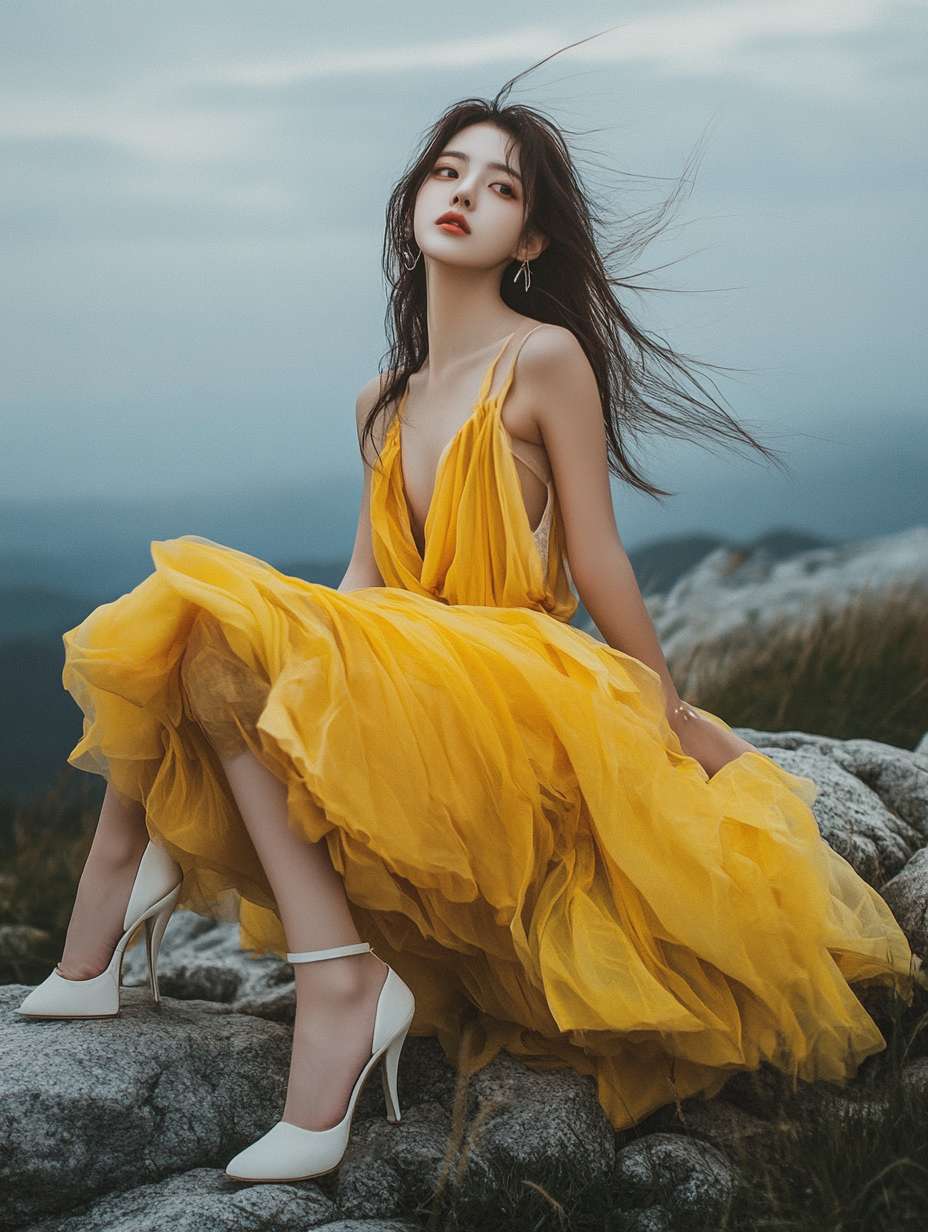 prompt：**Shot by Sony a7iv, Korean beauty, sitting on a stone at the
top of the
mountain, yellow dress, white high heels, wind hair, real --ar 3:4 --v 6.1 --stylize 100 --fast